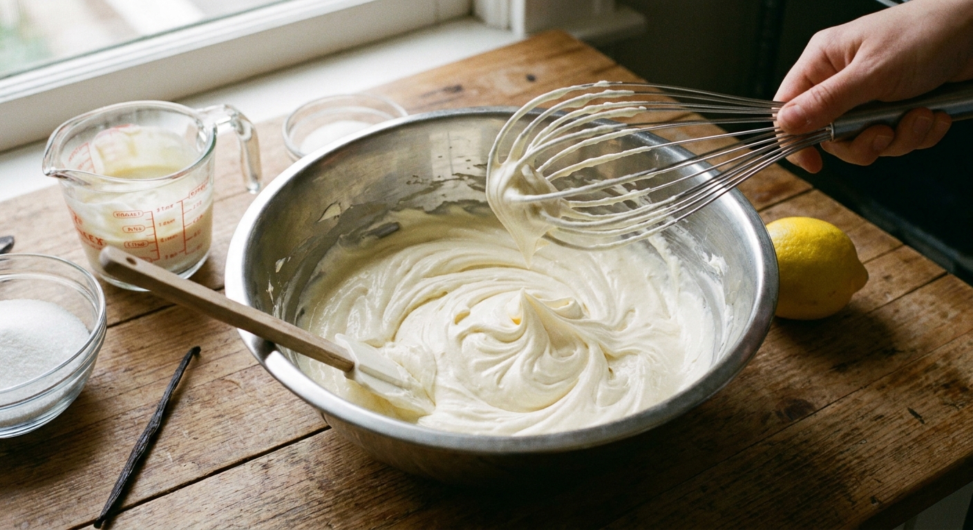 A stainless steel mixing bowl with mascarpone cream being whisked until smooth and thick, with a spatula and measured ingredients nearby on a kitchen counter, real photo style