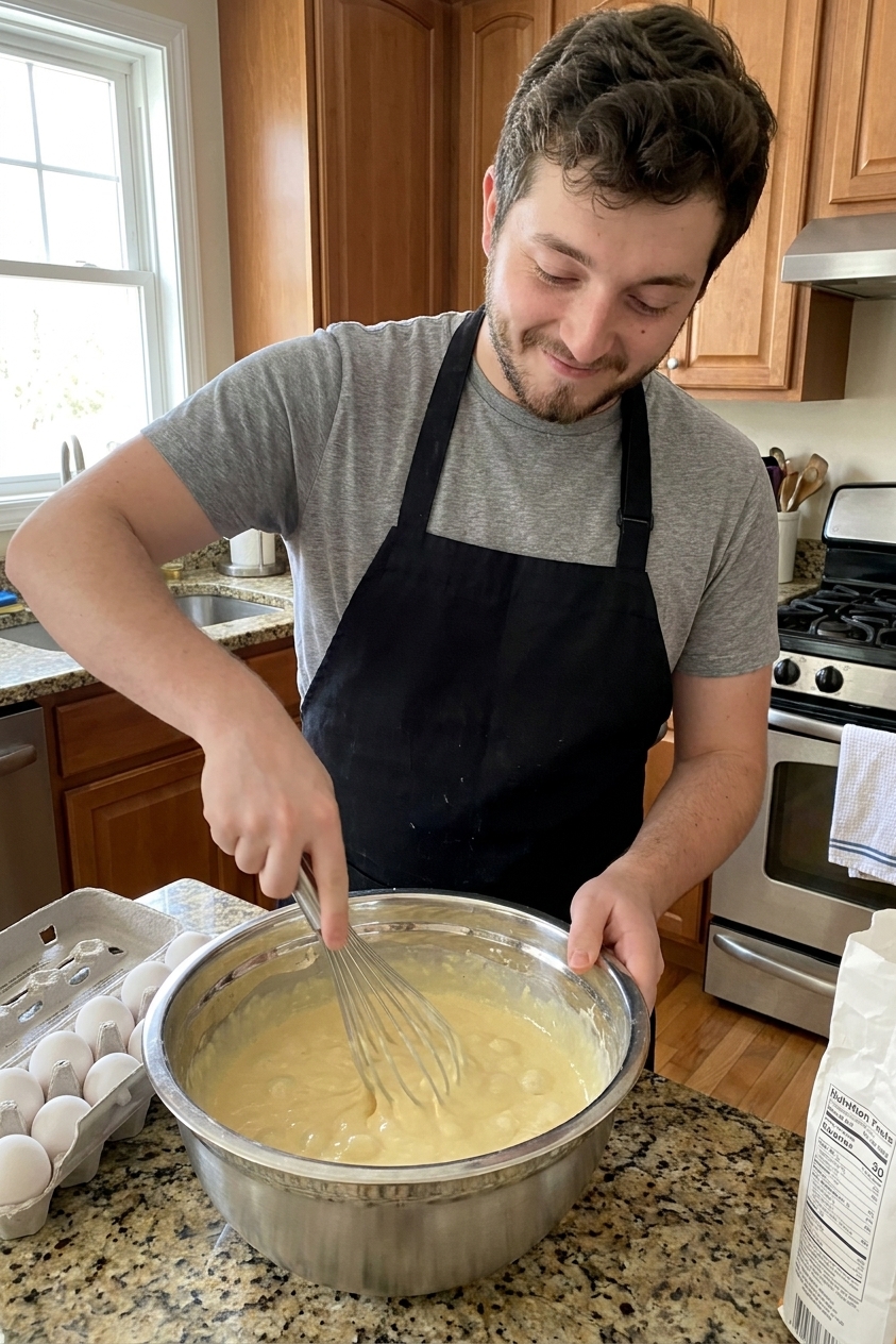 A stainless steel mixing bowl with pale yellow bubble egg waffle batter being whisked until smooth on a home kitchen counter