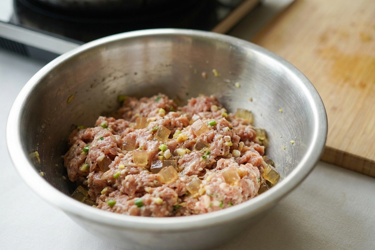 A stainless steel mixing bowl with seasoned pork filling and visible small cubes of aspic folded in, sitting on a kitchen counter
