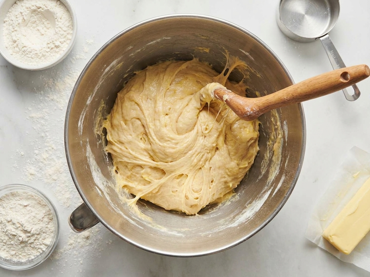 A stainless steel mixing bowl with sticky enriched dough being mixed, flour dusted on the counter nearby