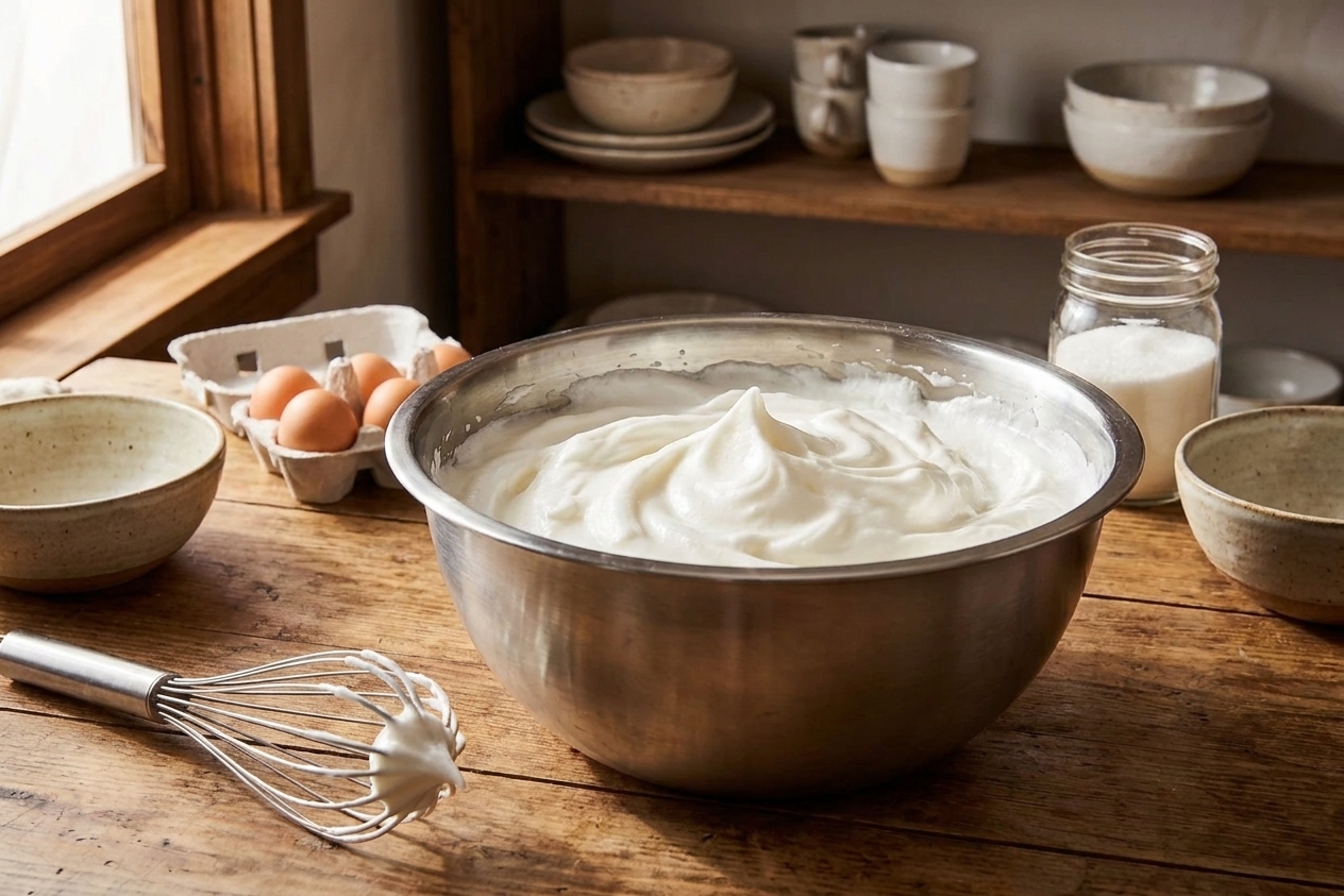 A stainless steel mixing bowl with whipped egg whites at soft peaks, sitting on a kitchen counter next to a whisk