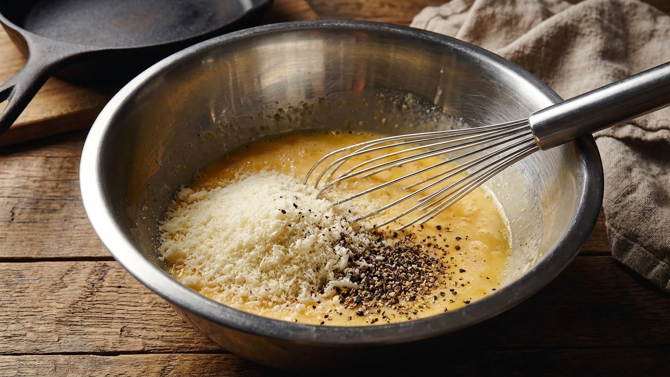 A stainless steel mixing bowl with whisked eggs, grated Pecorino Romano, and cracked black pepper ready to be tossed with hot pasta