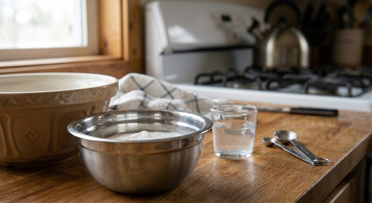 A stainless steel mixing bowl with white school glue, a small glass of borax activator, and measuring spoons on a bright kitchen counter