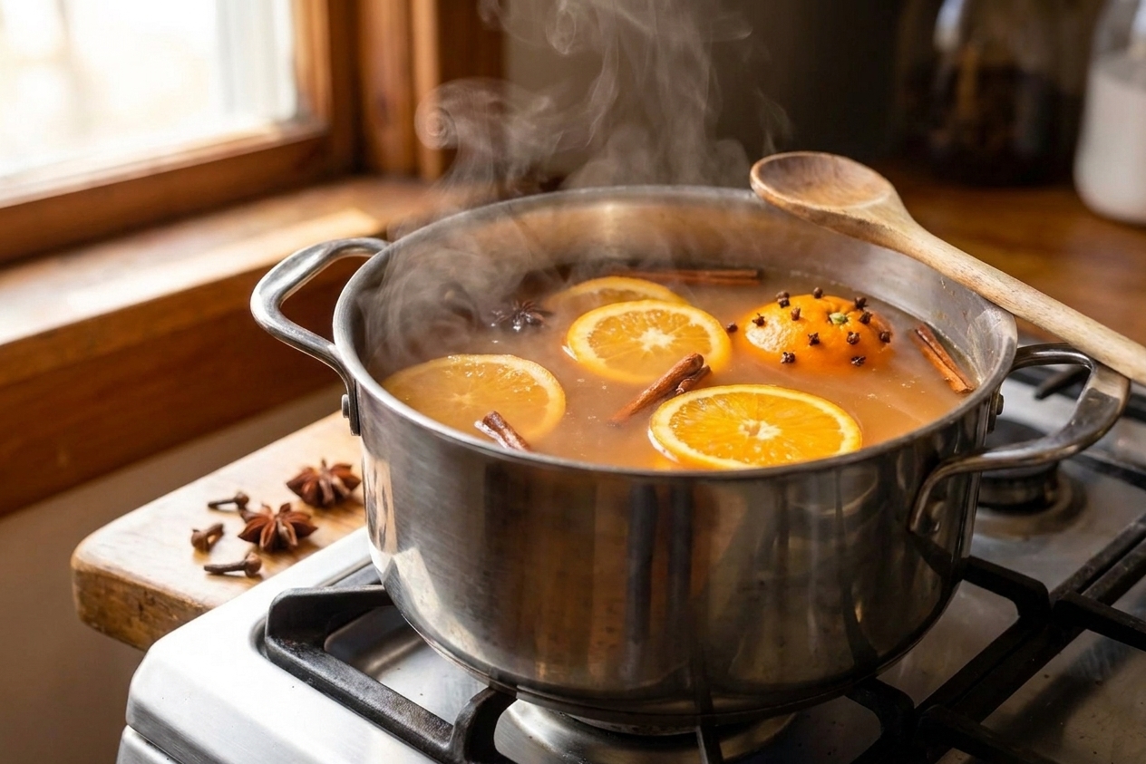 A stainless steel pot of apple cider gently simmering on a stovetop with floating orange slices and cinnamon sticks