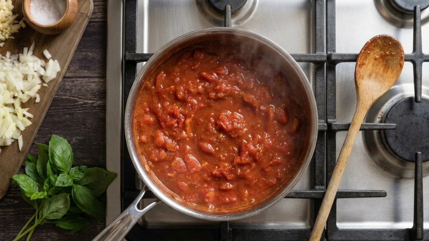A stainless steel pot of chunky spaghetti sauce made with real tomatoes simmering on a home stove, with basil leaves and a wooden spoon nearby