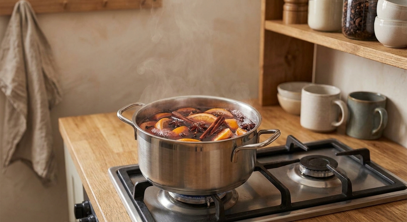 A stainless steel pot of mulled wine steaming on a stovetop with visible orange slices and cinnamon sticks
