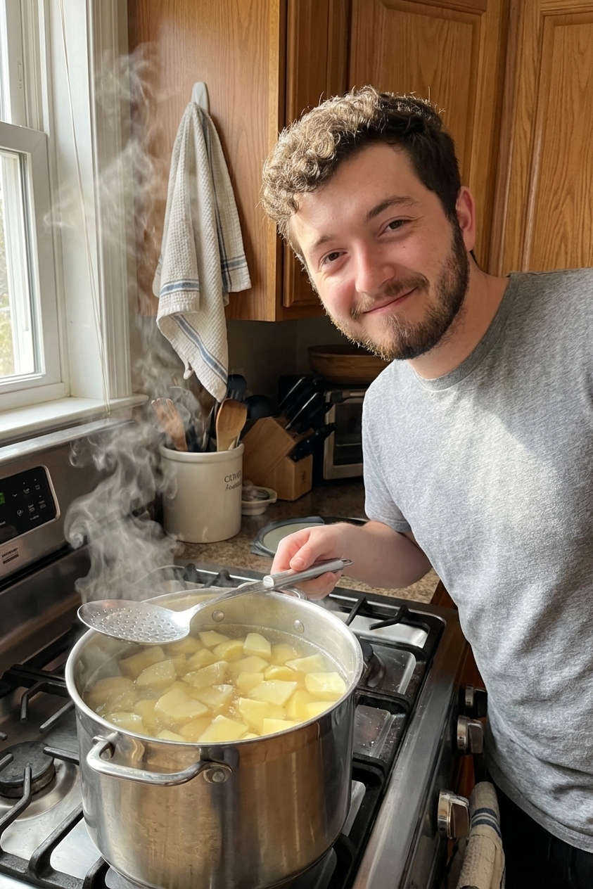 A stainless steel pot of potato chunks simmering in salted water on a stovetop, steam rising, with a slotted spoon resting on the rim, candid home kitchen photo, natural light