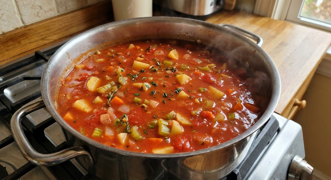 A stainless steel pot of red Manhattan clam chowder simmering on the stove with visible potatoes, celery, and herbs