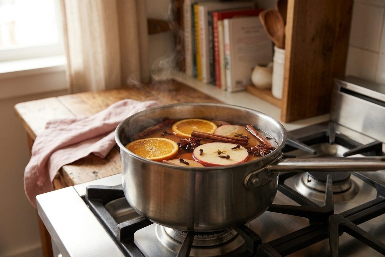 A stainless steel pot of spiced apple cider simmering on a stove with visible cinnamon sticks, orange slices, and whole cloves in warm kitchen lighting