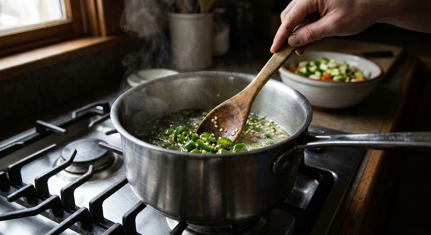 A stainless steel pot on a stovetop with chopped jalapeños and vinegar mixture being stirred with a wooden spoon