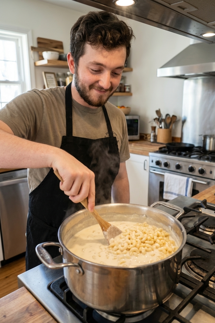 A stainless steel pot on a stovetop with elbow macaroni being stirred into a creamy white cheese sauce using a wooden spoon, steam rising gently, realistic home kitchen setting