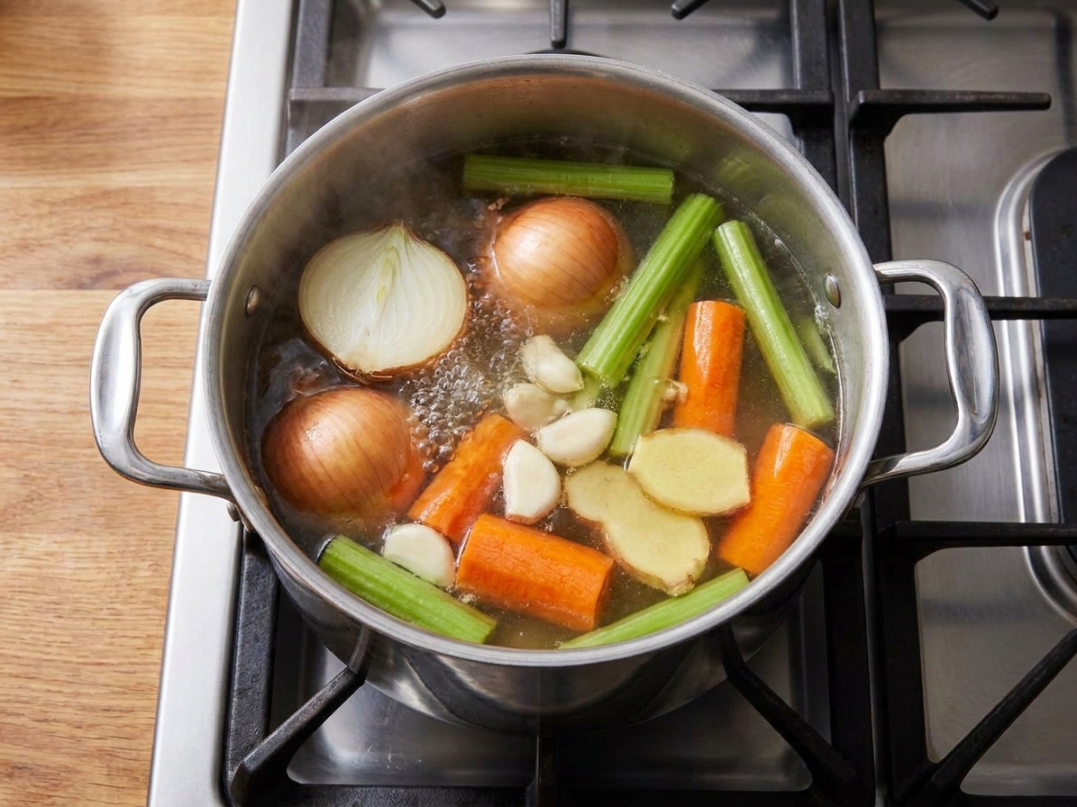 A stainless steel pot on the stove with clear broth gently simmering around onion halves, carrot chunks, celery pieces, garlic, and sliced ginger