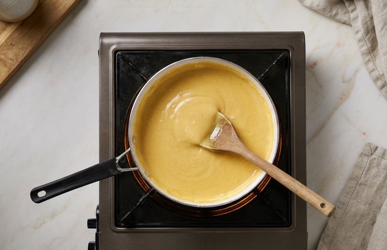 A stainless steel saucepan on a home stove filled with glossy macaroni and cheese cream sauce, a wooden spoon resting in the pot, warm kitchen lighting