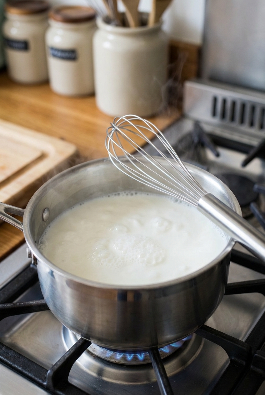 A stainless steel saucepan with milk gently simmering and a whisk resting on the rim