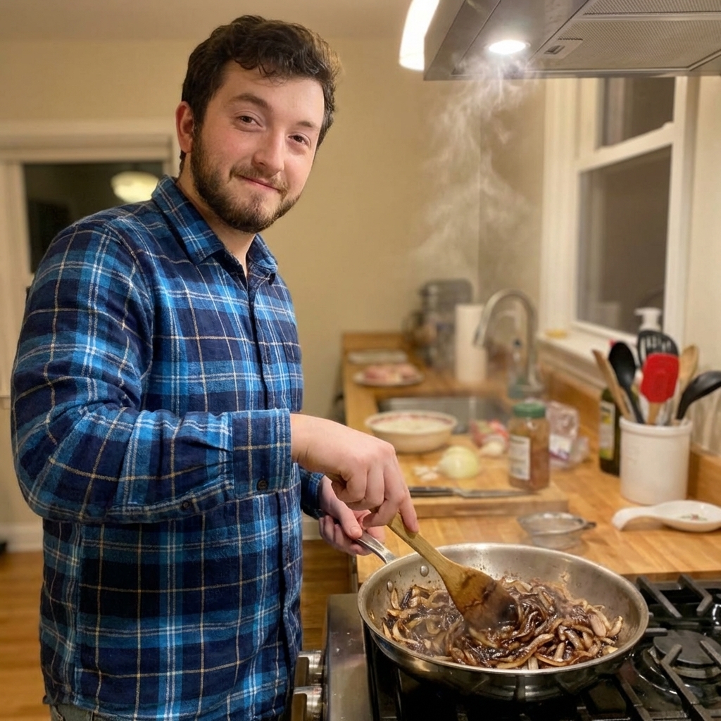 A stainless steel skillet filled with deeply caramelized sliced onions being stirred with a wooden spoon on a stovetop, steam rising in soft kitchen lighting