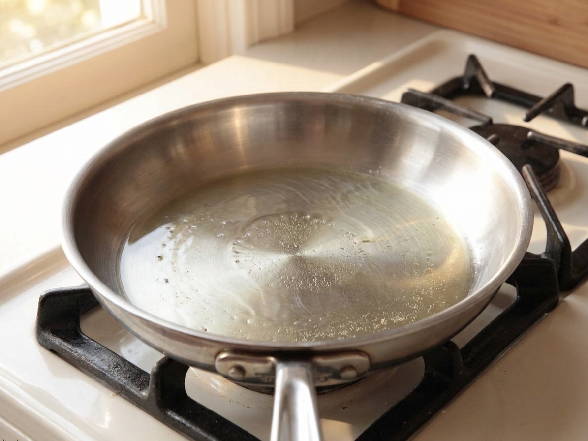 A stainless steel skillet on a stovetop with a thin layer of oil shimmering, ready for frying, in a bright home kitchen