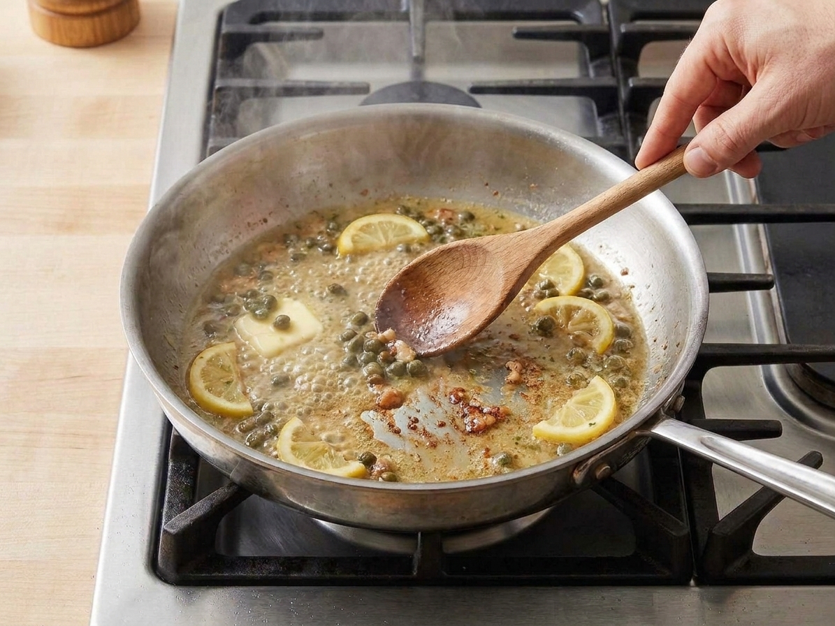 A stainless steel skillet on a stovetop with lemon caper sauce simmering and browned bits visible, a wooden spoon stirring as steam rises