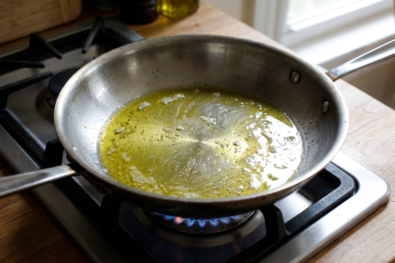 A stainless steel skillet on a stovetop with olive oil and butter melted and shimmering, ready for searing