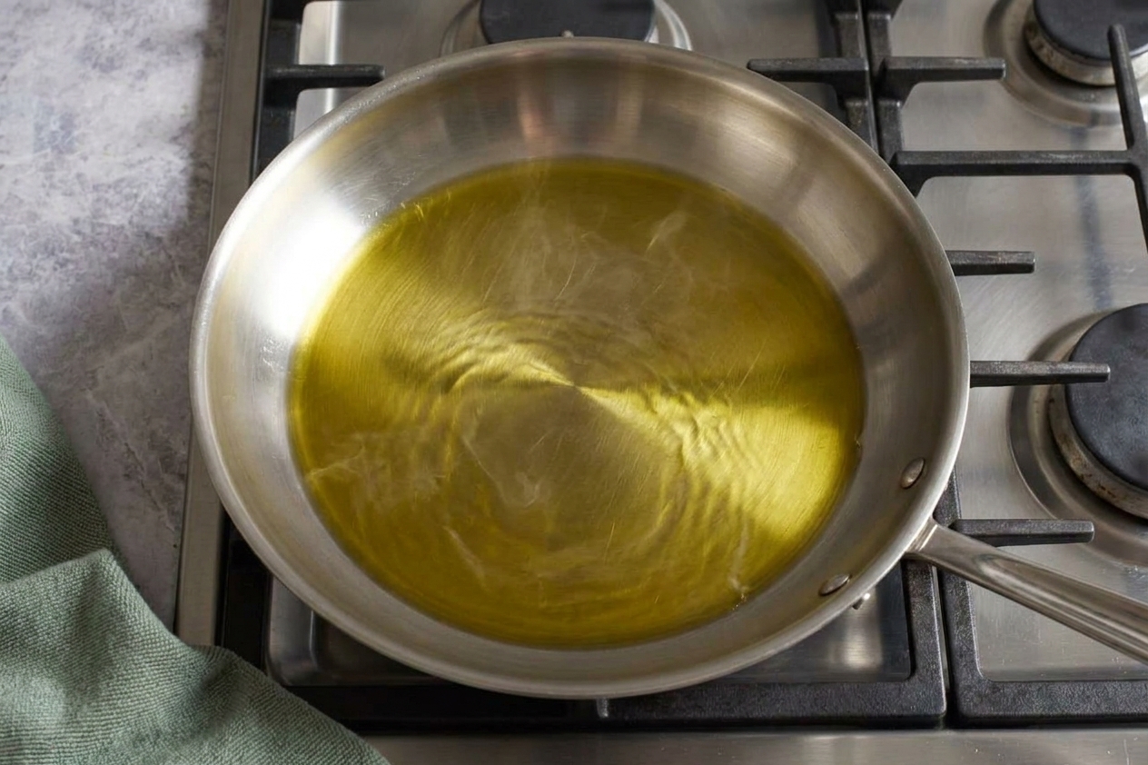 A stainless steel skillet on a stovetop with olive oil shimmering in the bottom, ready for searing