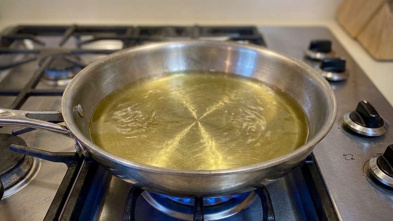 A stainless steel skillet on a stovetop with shimmering oil ready for frying