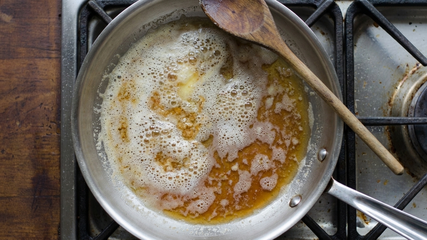 A stainless steel skillet with browned butter foaming and turning amber, with a wooden spoon resting on the rim on a stovetop