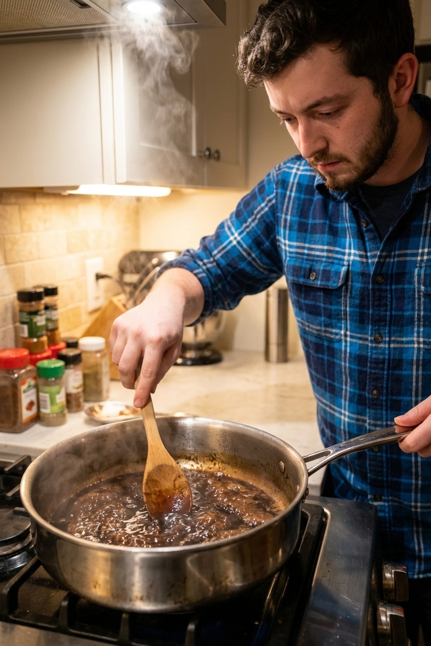 A stainless steel skillet with bubbling balsamic sauce reducing to a glossy glaze while a wooden spoon stirs, steam rising under warm kitchen lighting, photorealistic