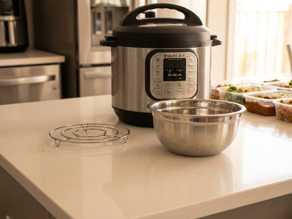 A stainless steel trivet and a stainless steel bowl sitting next to an Instant Pot on a clean kitchen counter