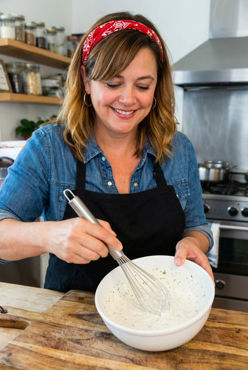 A stainless steel whisk mixing creamy ranch dressing in a white bowl on a wooden cutting board