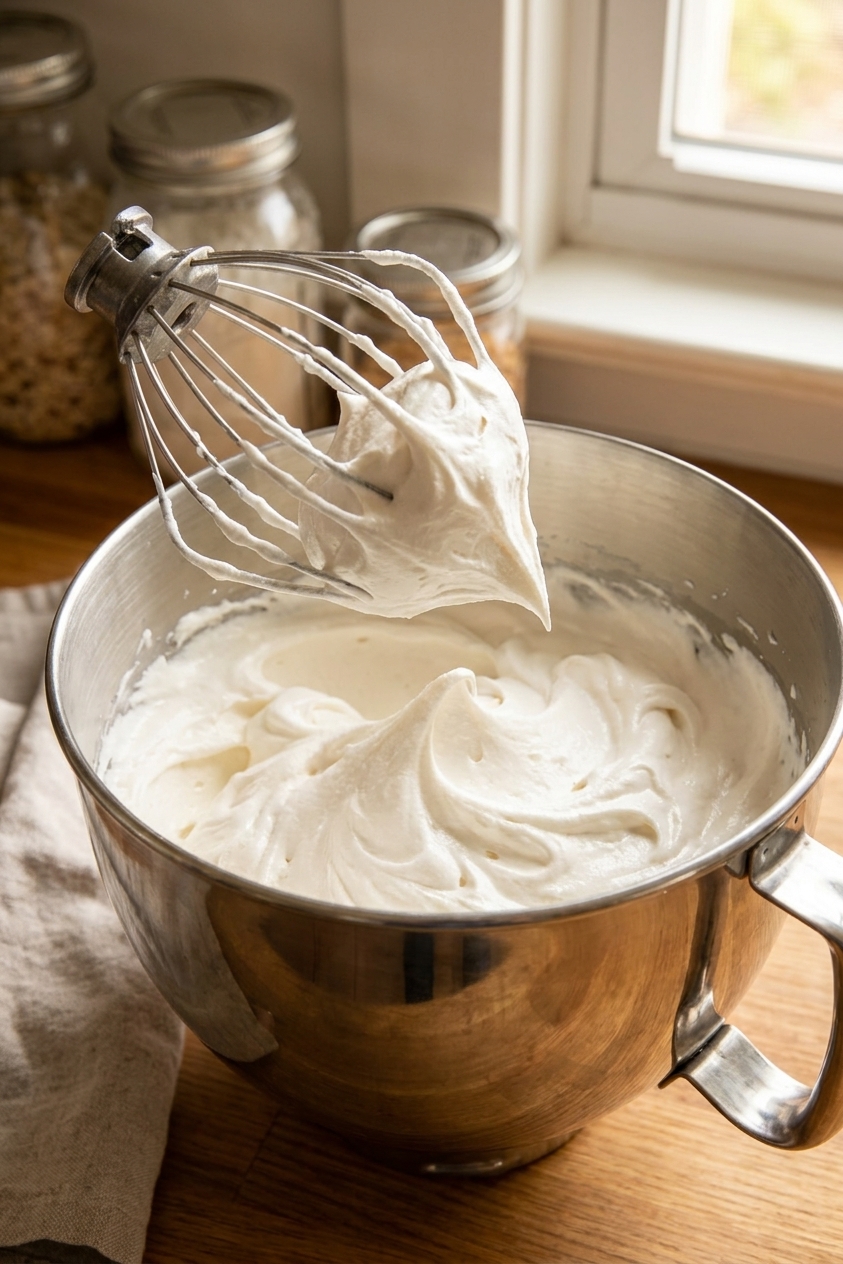 A stand mixer bowl filled with fluffy marshmallow creme buttercream with the whisk attachment lifted to show soft peaks, real food photography style