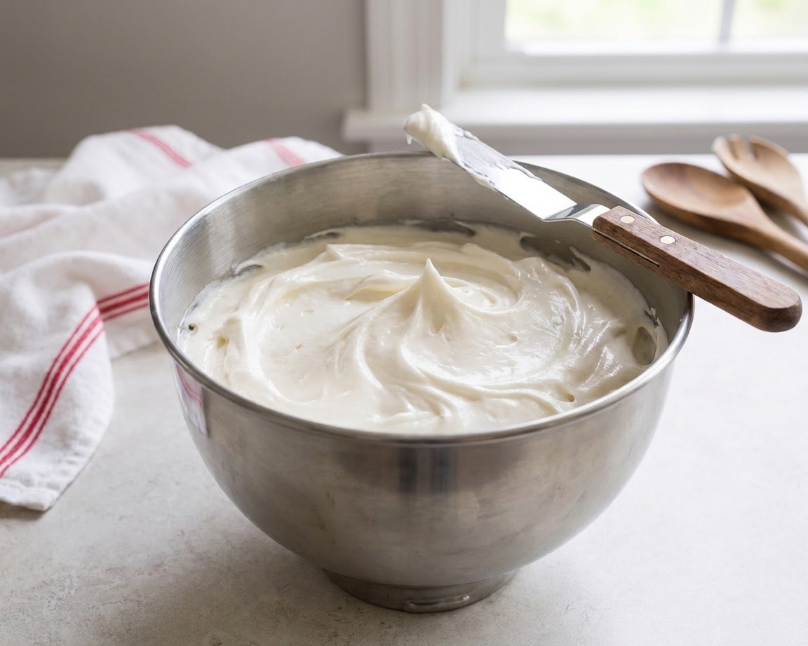 A stand mixer bowl filled with glossy whipped icing forming soft peaks, with a spatula resting on the rim