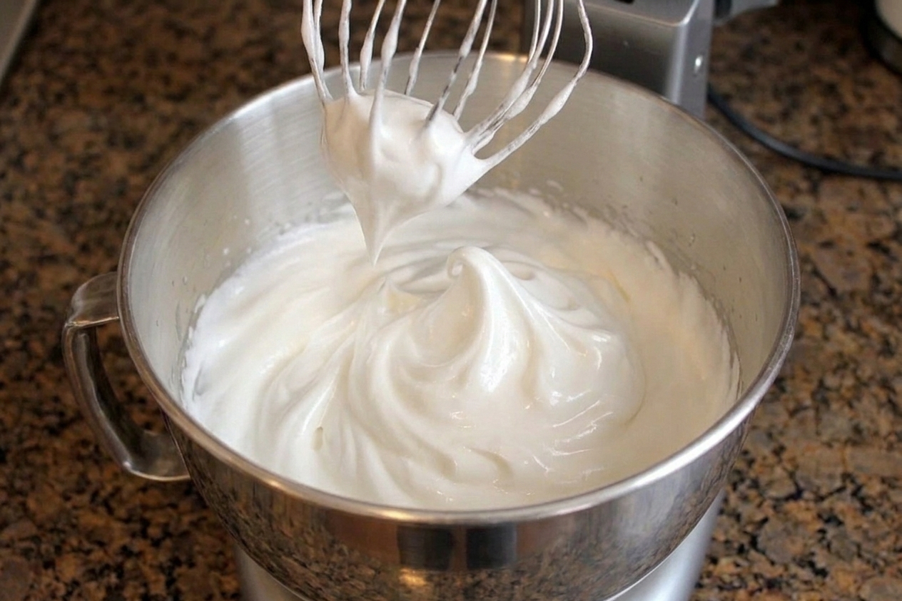 A stand mixer bowl filled with glossy white Italian meringue with soft, shiny peaks
