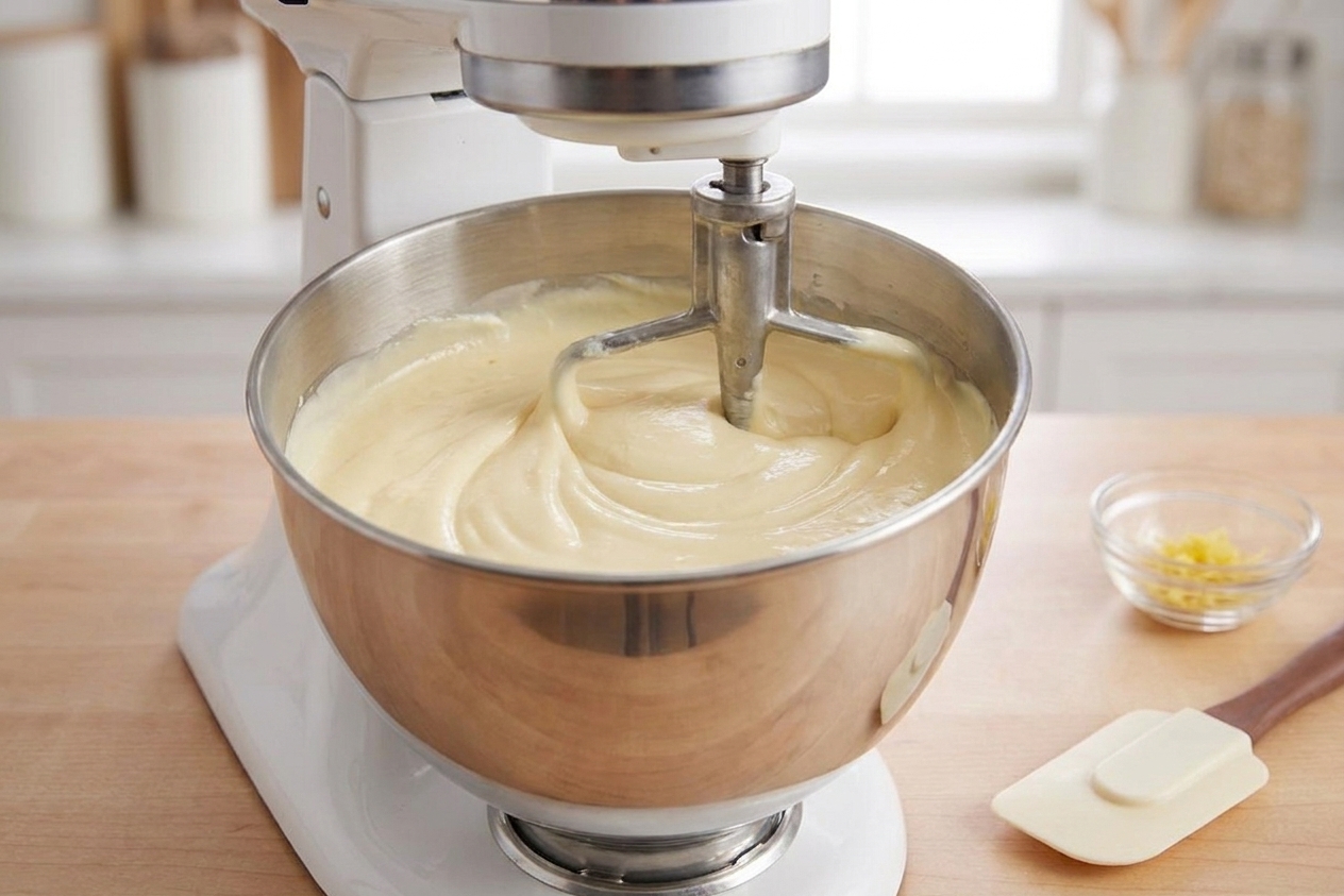 A stand mixer bowl filled with smooth cheesecake batter being mixed on low speed in a home kitchen