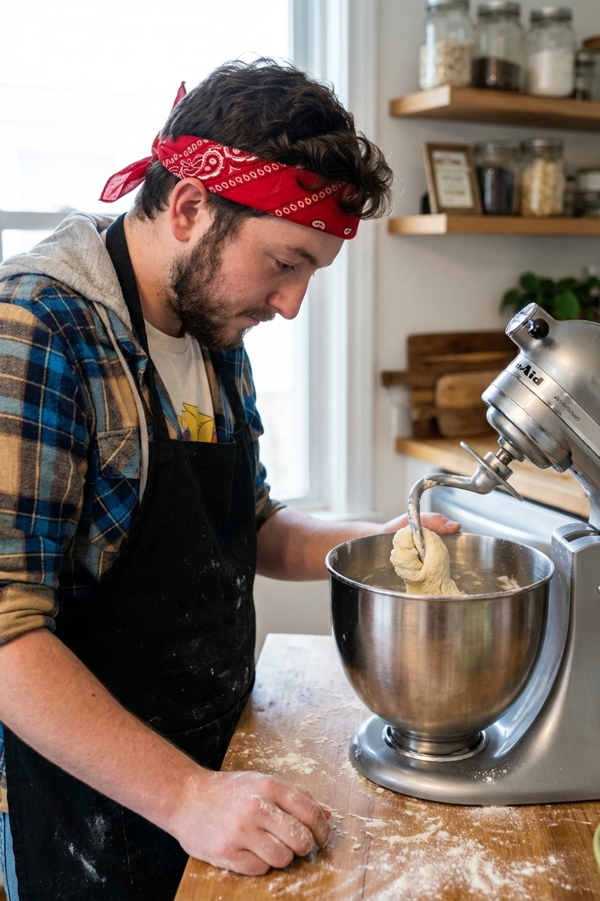 A stand mixer bowl with a stiff bagel dough being kneaded with a dough hook, flour dusted on the counter nearby, realistic home kitchen photo
