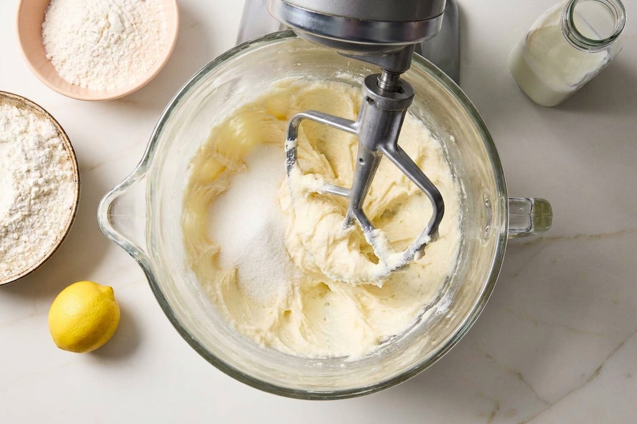 A stand mixer bowl with butter and sugar being beaten into a pale fluffy mixture on a kitchen counter