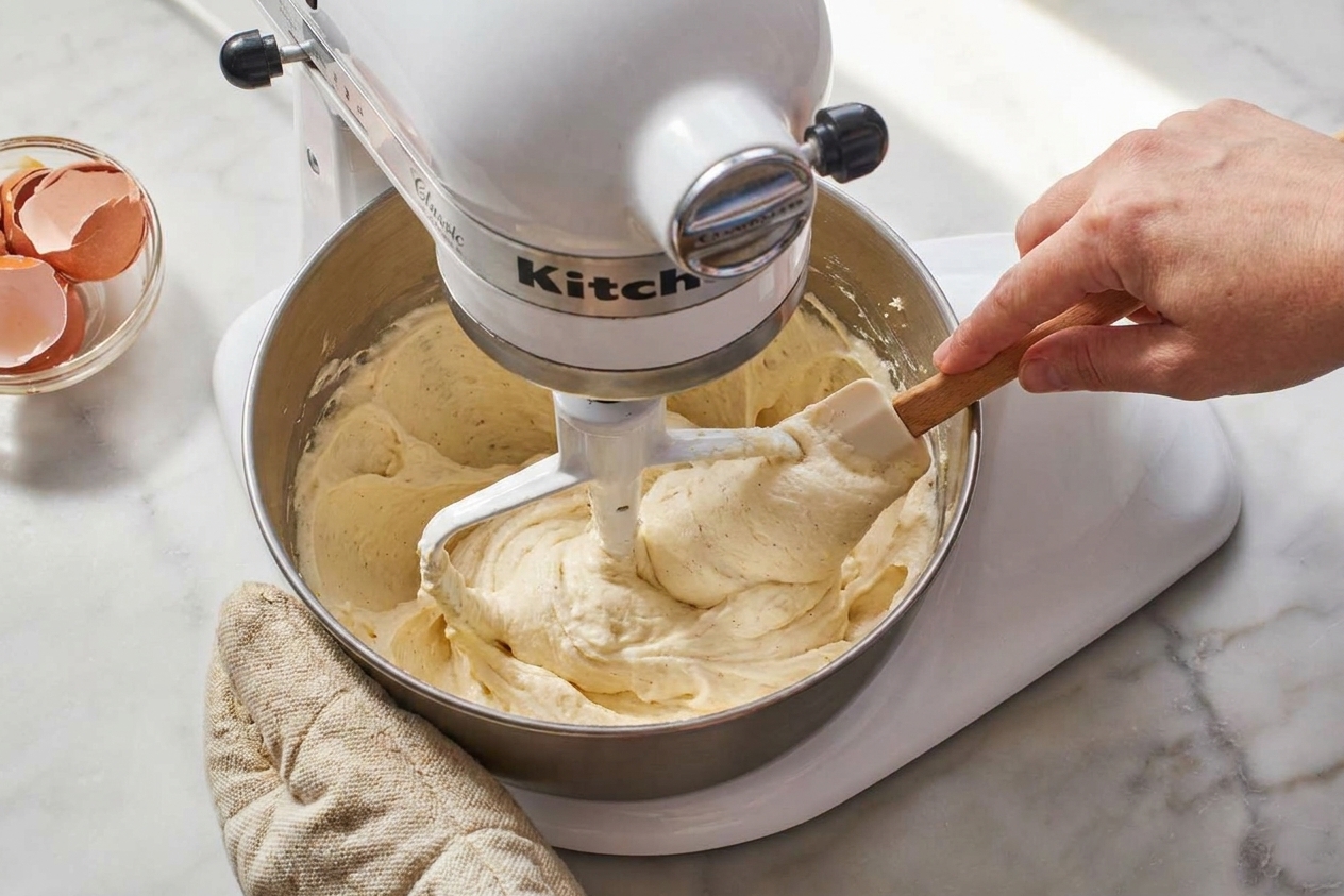 A stand mixer bowl with pale vanilla buttercream being whipped, with a spatula scraping down the sides