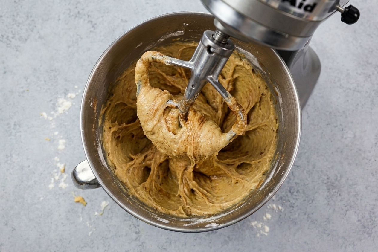A stand mixer bowl with sticky gluten free cinnamon roll dough being mixed with a paddle attachment