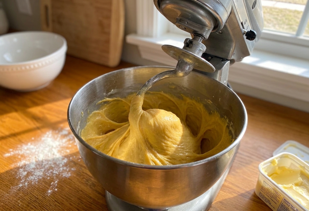 A stand mixer kneading glossy enriched dough with a dough hook in a bright home kitchen