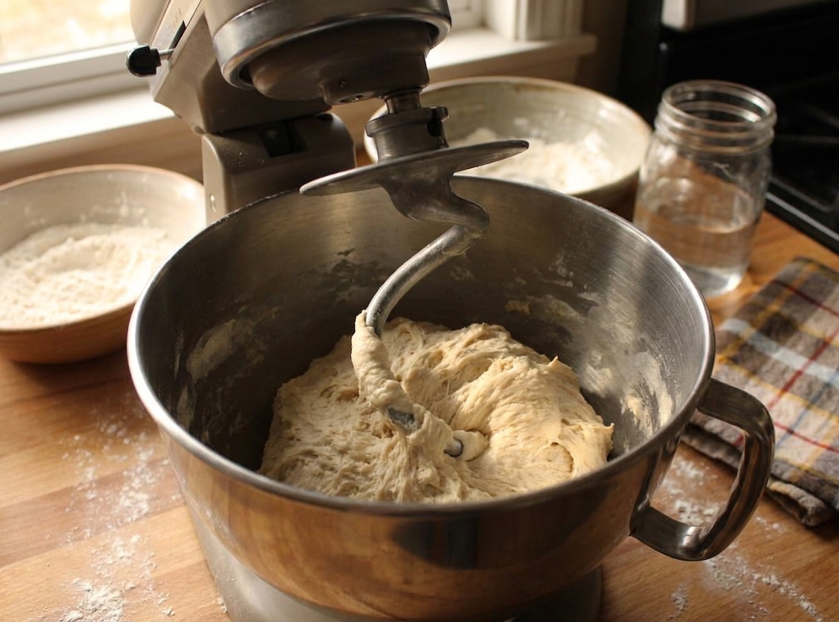 A stand mixer kneading soft bread dough with a dough hook in a stainless steel bowl on a home kitchen counter