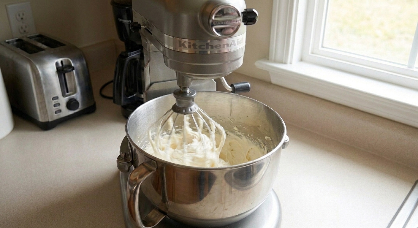 A stand mixer whipping pale buttercream in a stainless steel bowl on a home kitchen counter