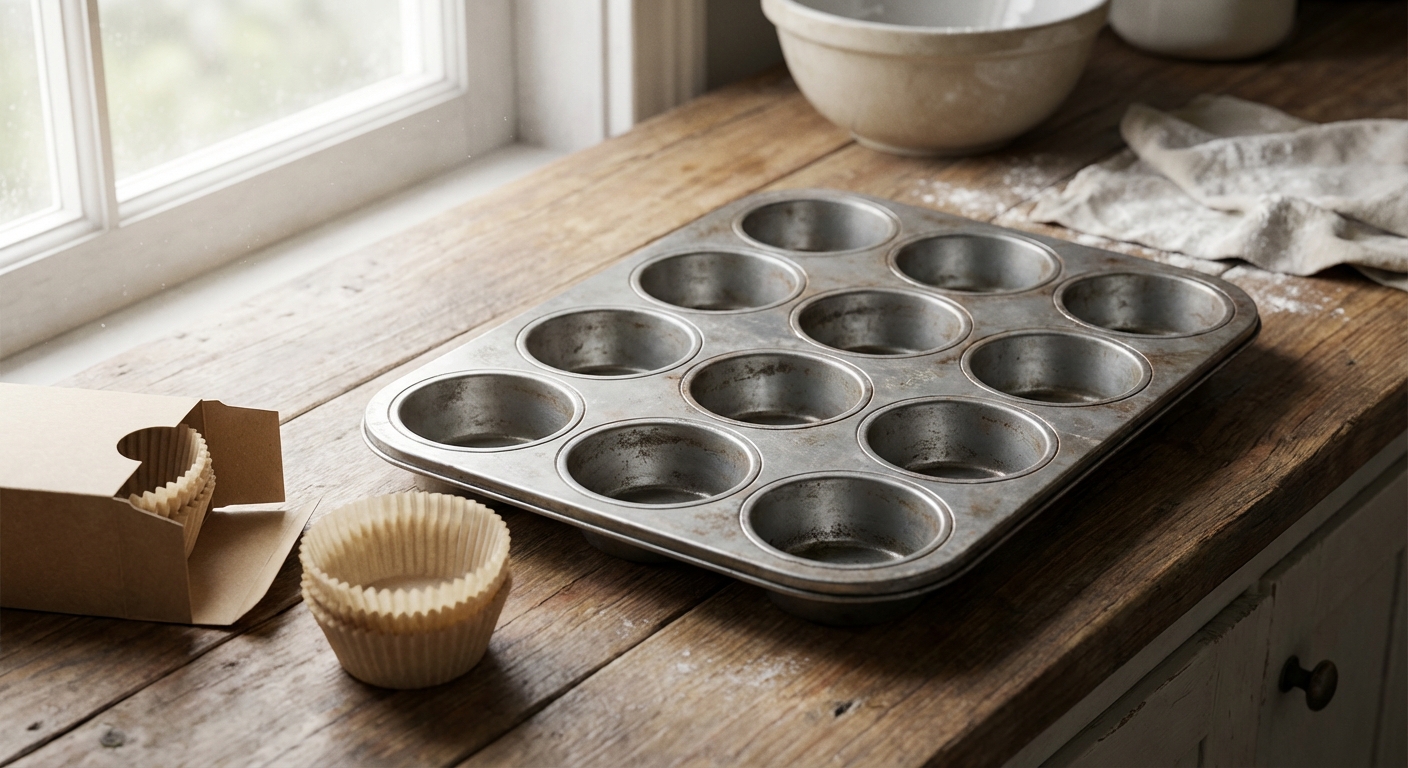 A standard 12-cup metal muffin pan on a wooden kitchen counter with paper liners nearby, soft natural light, photorealistic food photography