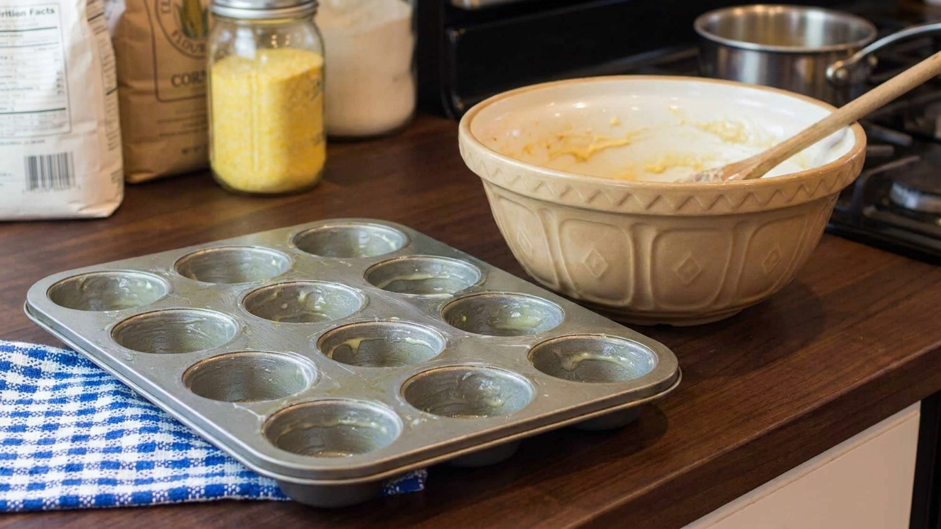 A standard muffin tin freshly greased and set on a kitchen counter next to a mixing bowl