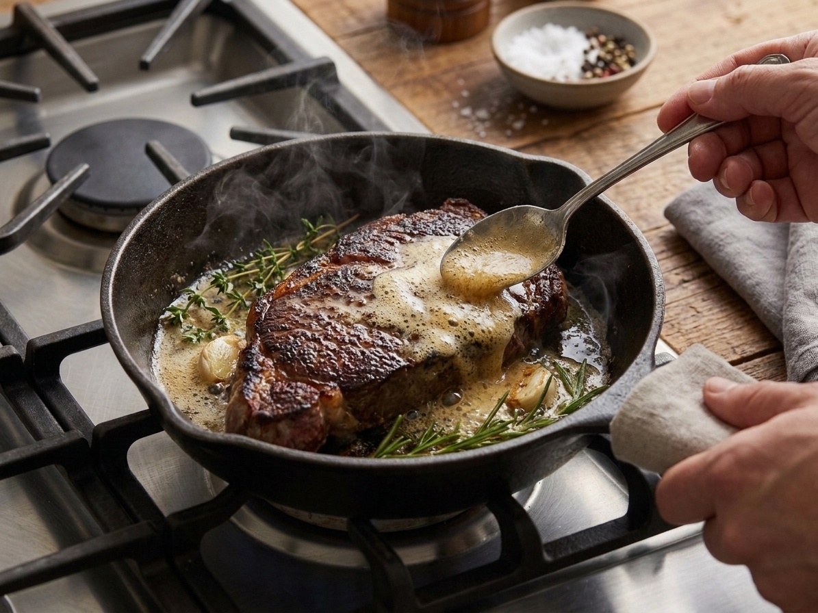 A steak being basted with foaming butter and garlic in a cast iron skillet on a stovetop