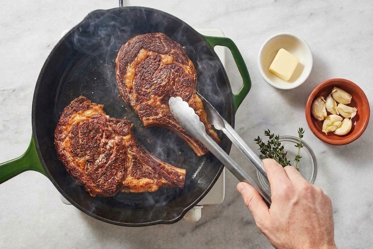 A steak being flipped with tongs in a cast-iron skillet, browned crust visible with light kitchen steam rising
