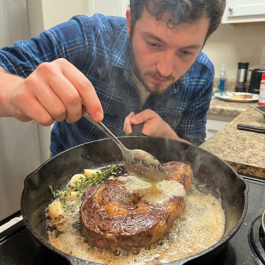 A steak in a cast iron skillet being basted with foamy butter using a spoon, with garlic cloves and thyme sprigs in the pan, close-up action shot