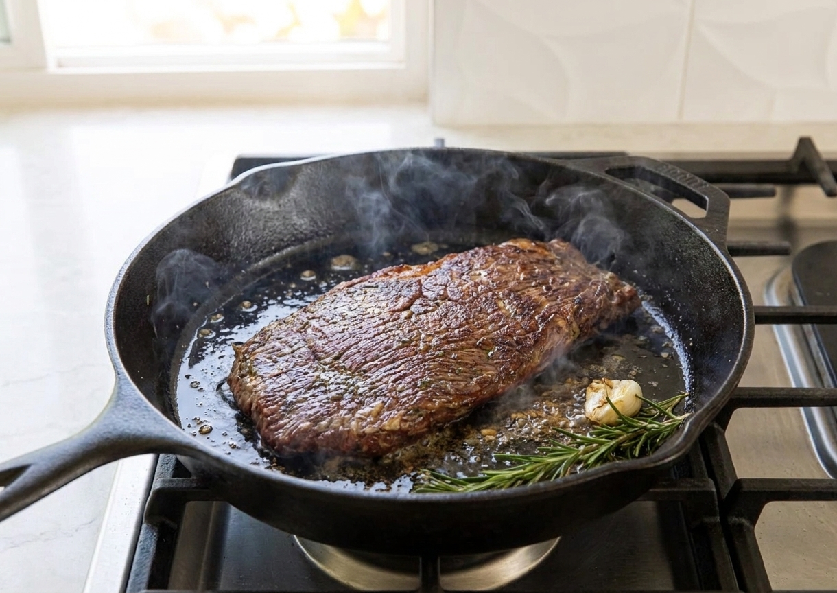 A steak searing in a cast iron skillet with a browned crust forming on the surface