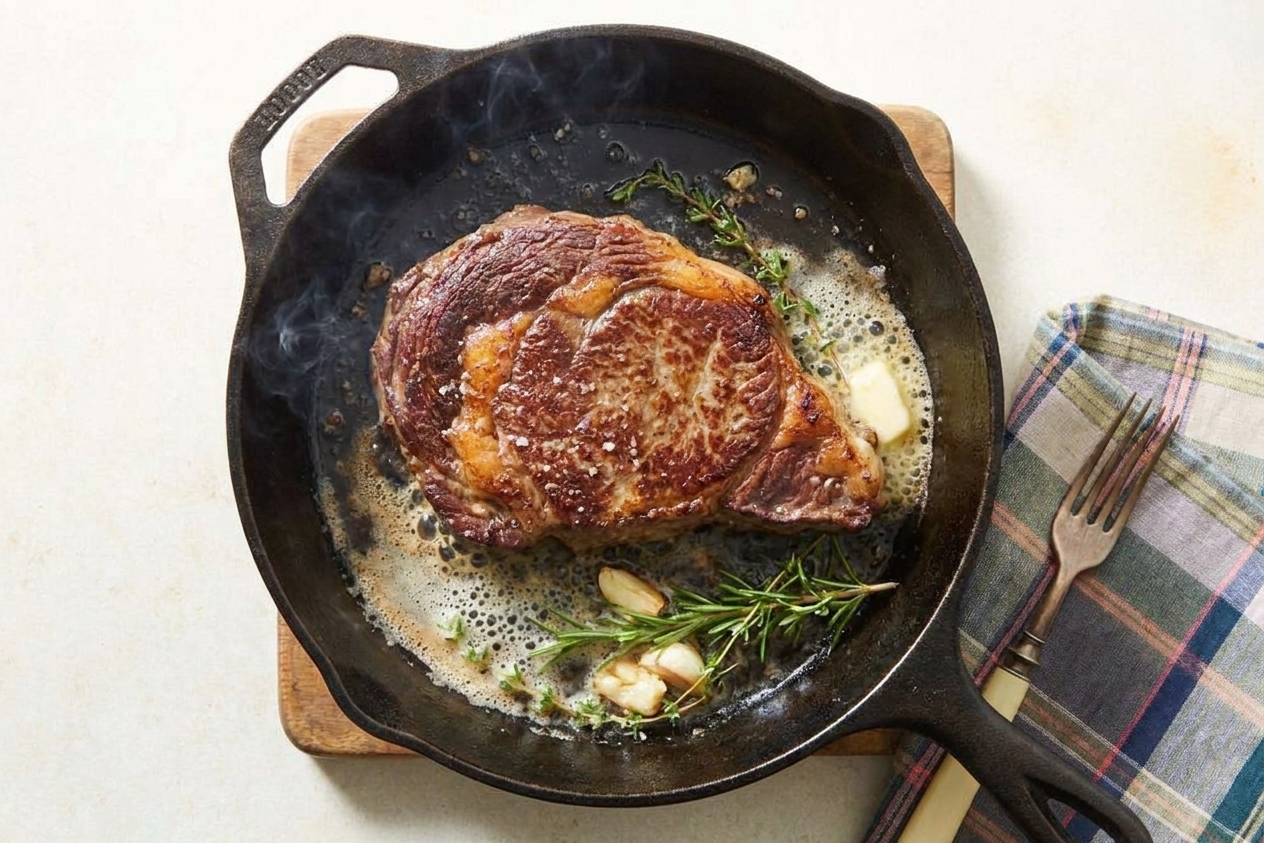 A steak searing in a hot cast iron skillet with browned crust forming and butter foaming around it