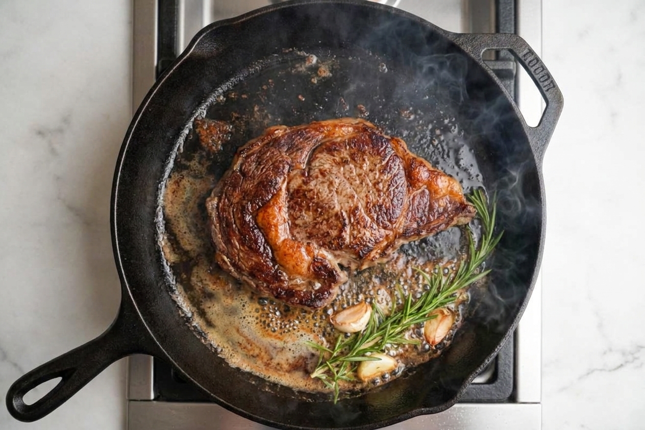 A steak searing in a hot skillet with browned edges and sizzling fat on a stovetop