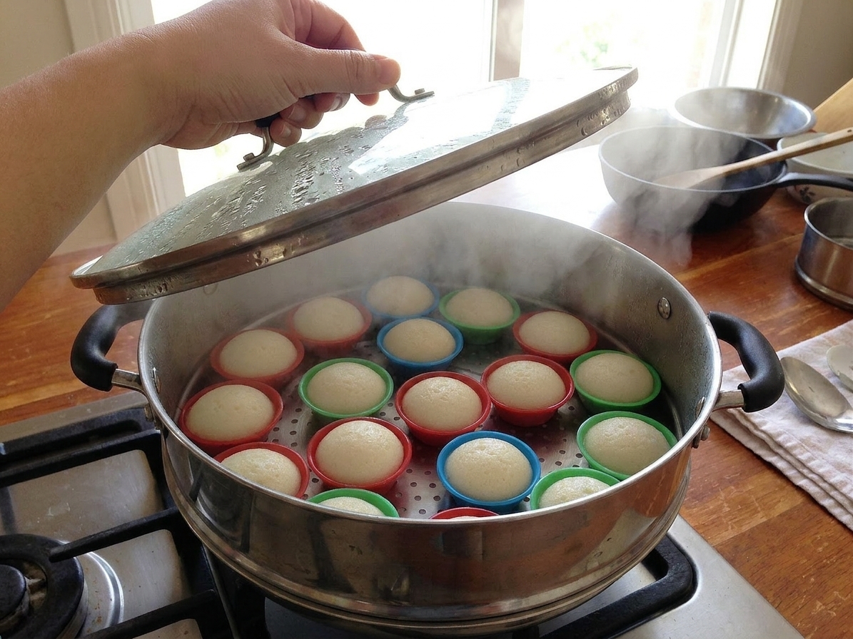 A steamer pot on the stove with puto molds inside releasing steam as the lid is lifted slightly