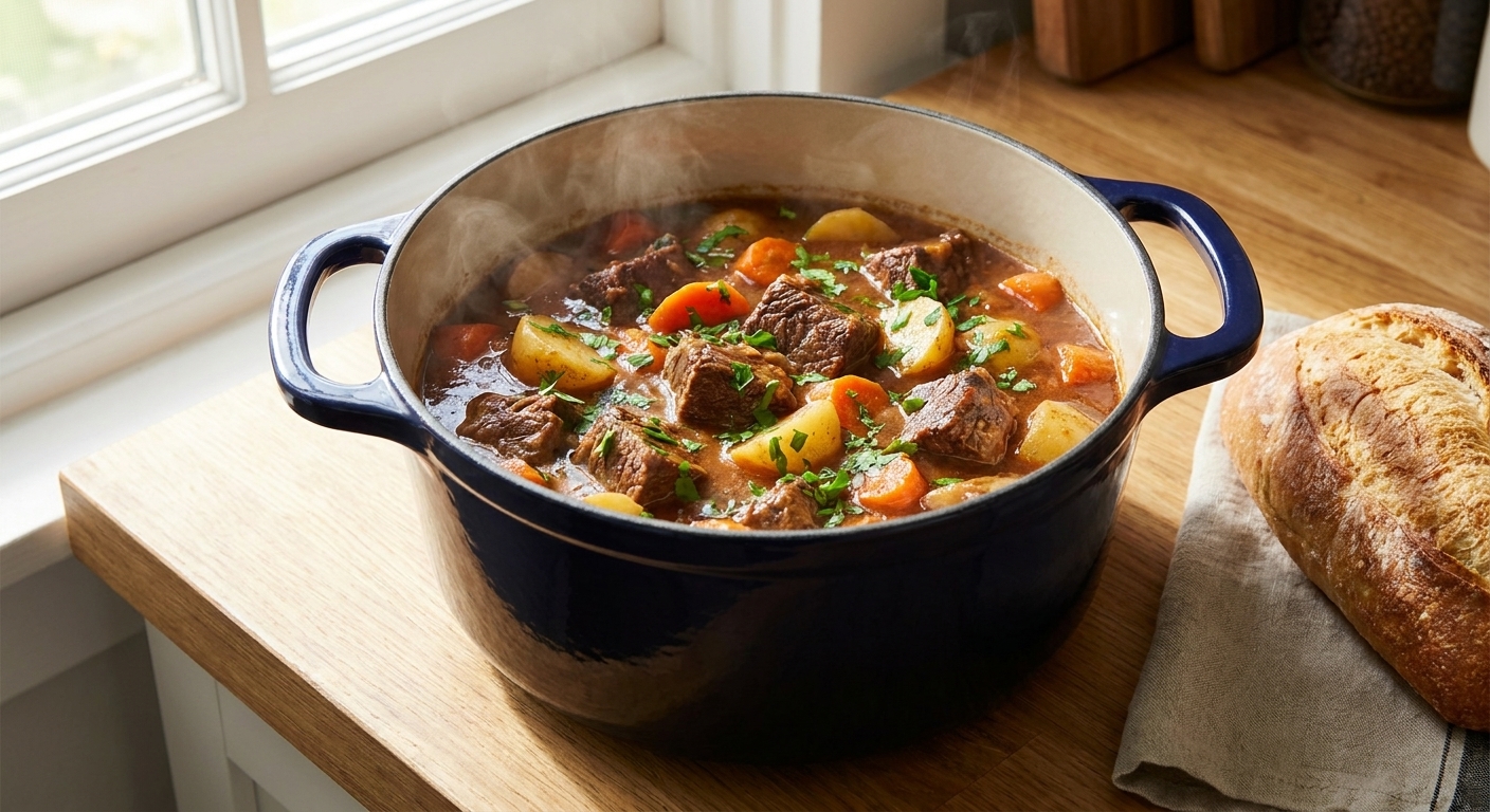 A steaming Dutch oven of classic beef stew with tender beef chunks, carrots, potatoes, and fresh parsley on top, photographed on a cozy kitchen counter with warm natural light