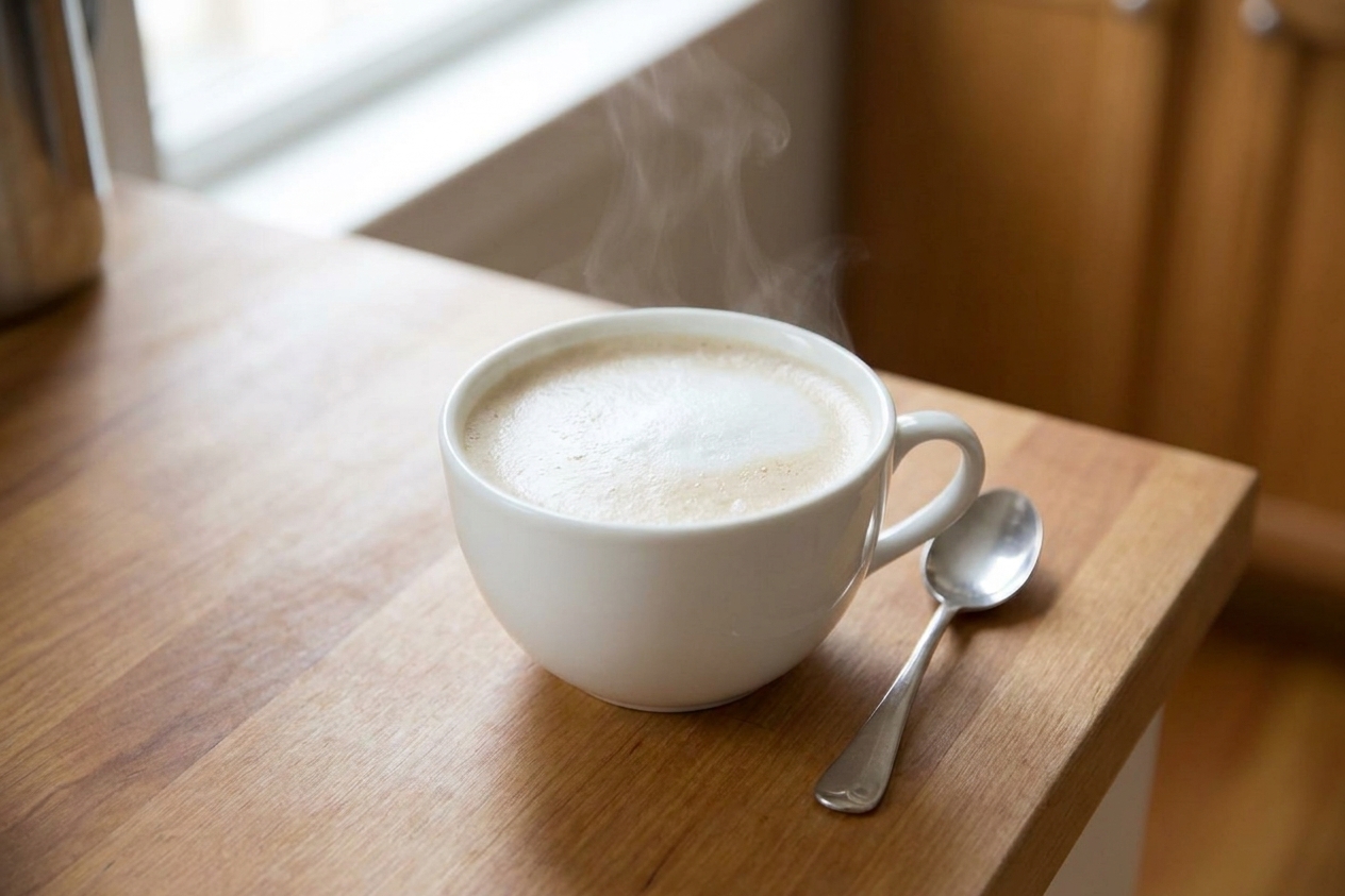 A steaming London Fog latte in a ceramic mug with a light layer of foam on top, set on a warm-toned kitchen counter with a teaspoon nearby